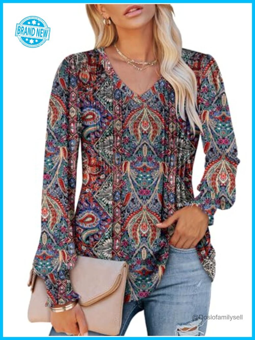 Womens Long Sleeve V Neck Floral Tunic Top Ruffle Loose Fit Blouse